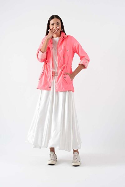 Spazio Goudot Kapüşonlu Mevsimlik Parka – Beli Büzgülü, Çıtçıt Detaylı PEMBE