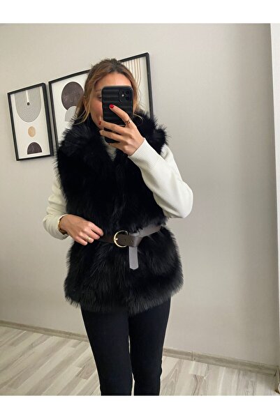 TB Butik Wide Belted - Black - Zero Sleeves - Lined Fur Plush Vest