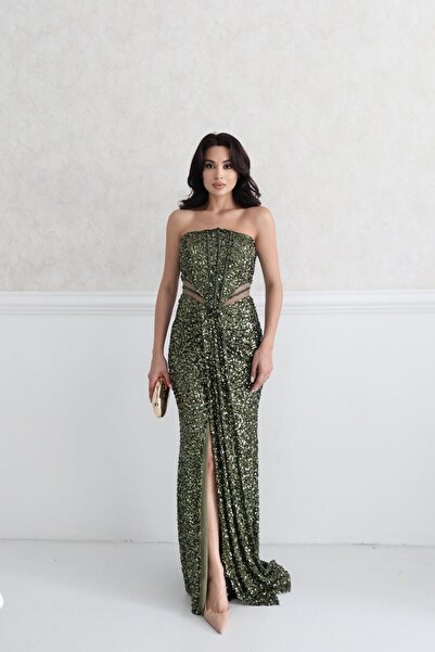 Serica Moda Khaki Strapless Waist Detailed Sequin Evening Dress