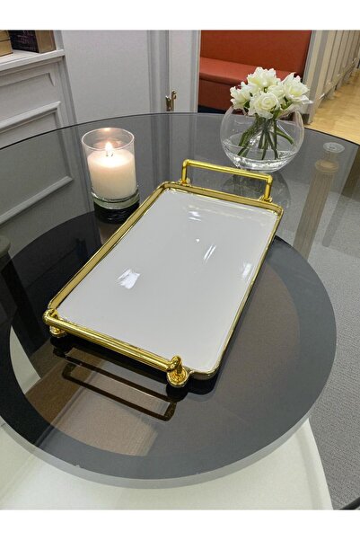 İnterlife Porcelain Luxury Presentation Tray with Gold Frame, Unbreakable Durable Plastic Decorative Tray with Handles 28X19 cm