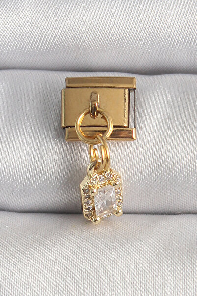 Skygo 316L Steel Gold Color Hanging Zircon Stone Square Model Nomination Charm - Tj-Bc1348