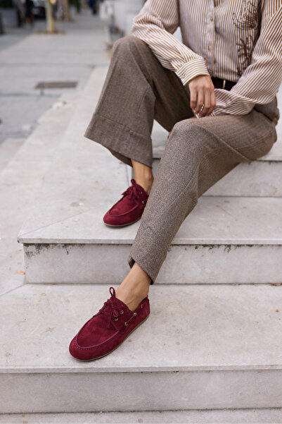 ANGELİNA JONES Claro Women's Burgundy Genuine Suede Loafer Shoes