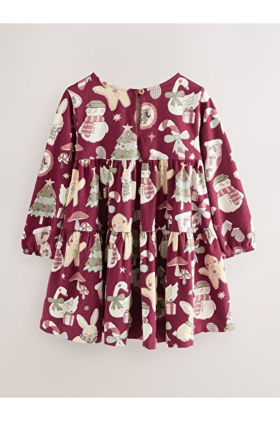 Next Baby Cotton Burgundy Rabbit Patterned Long Sleeve Dress