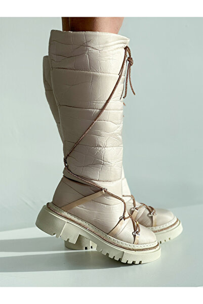 EVASAMLİSHOESBAG Bağcık Detaylı Krem Renkli Paraşüt Çizme