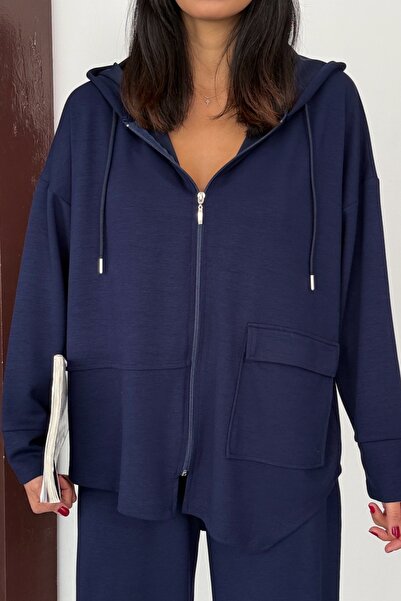 Ded COLLECTION Women's Asymmetrical Cut Hooded Pocket Detailed Comfortable Modal Set