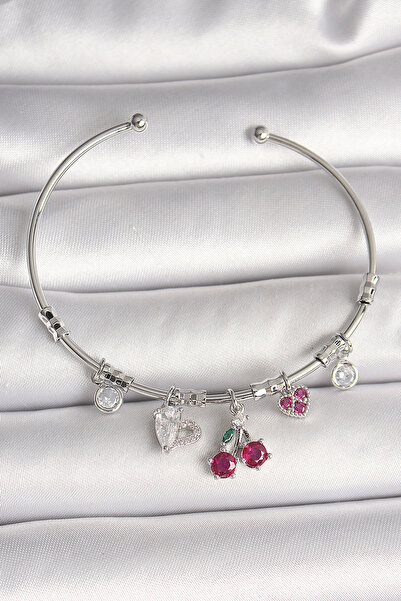 Skygo Brass Silver Color Dangle Cherry Figure Heart Detail Charm Women's Bracelet - Tj-Bb6901