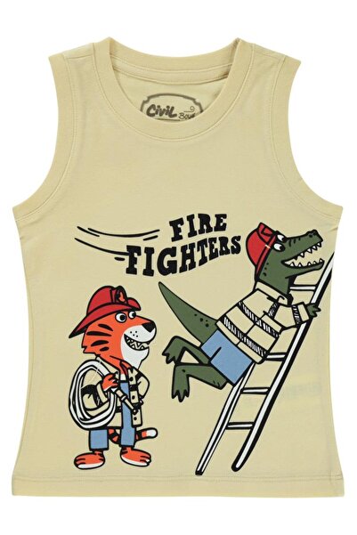 Civil Boys Fire Fighters Printed Zero Arm 2-5 Years Old T-Shirt - Beige2-3 Years Old