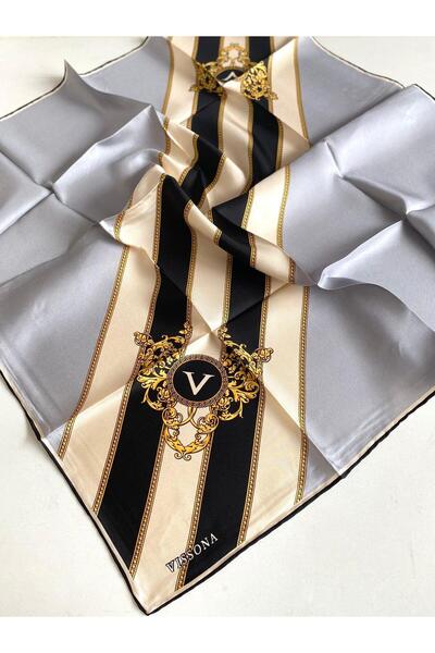 Vissona Μεταξωτό μαντήλι Tivil 16287 - 0027 - 0001 Ασημί μοτίβο μαύρης γραμμής