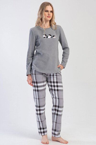 VİENETTA Kadın Polar Uzun Kollu Gri Pijama Takımı