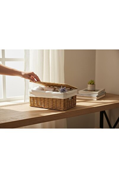 ANJEAHOME Varese Rattan Decorative Chest Basket |   Rectangular Organizer with Lid |   33X24X15 cm |   Regulator