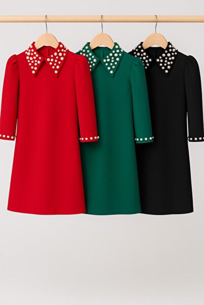 Hilal Akıncı Kids Fakir Girl's Dress with Stone Decor on the Collar and Sleeves