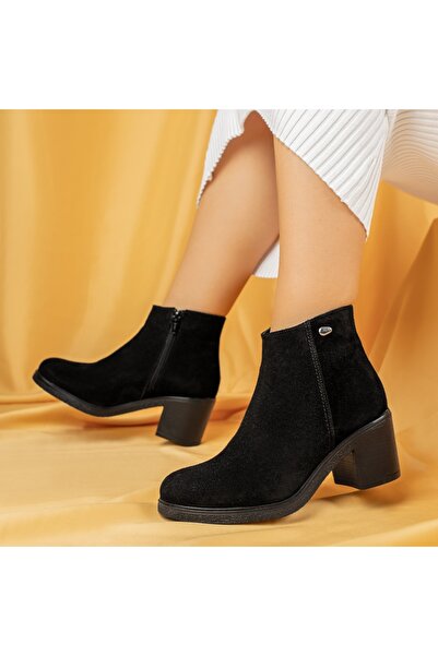 Modlet.ro Women's black suede heeled boots with zipper made of leather MOD05610