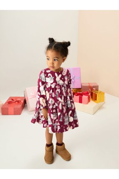 Next Baby Cotton Burgundy Rabbit Patterned Long Sleeve Dress
