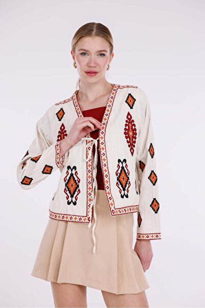 Pulli Collection Etnik Desenli Keten Görünümlü Gömlek