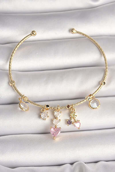 Skygo Brass Gold Color Hanging Zircon Stone Heart Figure Pink Heart Detail Charm Women's Bracelet - Tj-Bb6897