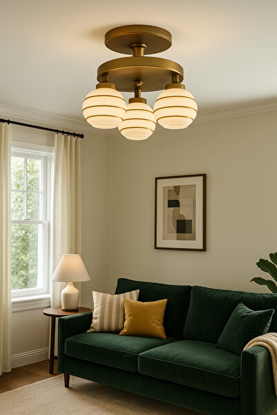 KUZENLER Eskitme Gold Çizgili Beyaz Cam 3’lü Metal Avize