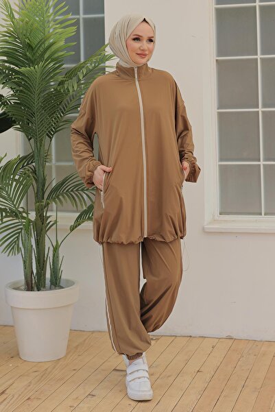Armine 24YT616 Toprak Kadın Yakalı Boydan Fermuarlı Paraşüt Kumaş Cepli Ceple...