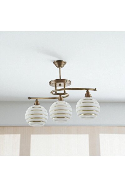 KUZENLER Eskitme Gold Çizgili Beyaz Cam 3’lü Metal Avize – Modern ve Zarif Ta...