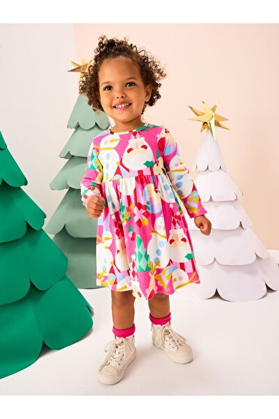 Next Baby Βαμβακερό ροζ χριστουγεννιάτικο φόρεμα με μακρυμάνικο σχέδιο