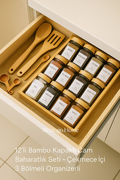 Mottogo 12-Piece Bamboo Lid Spice Jar Set 120 ml – for Inside Drawers & Countertops – Bamboo Organizer