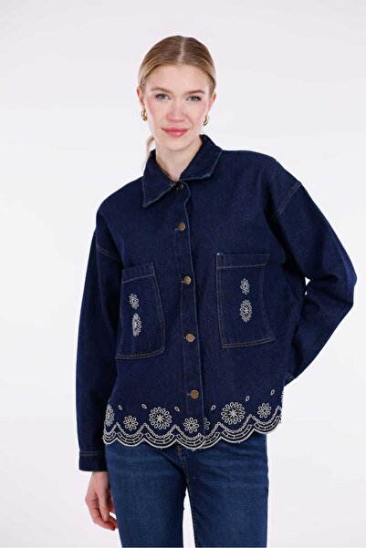 Pulli Collection Etnik Desen İşlemeli Çift Cepli Kot Ceket Lacivert