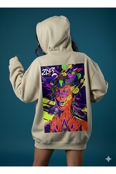 By Caspita Fashion Lenithra Psychedelic Sırt Printed Unisex Oversized Beige Hoodie