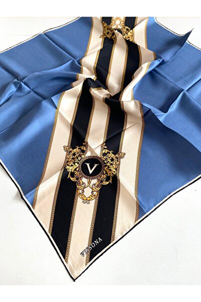 Vissona Μεταξωτό μαντήλι Tivil 16287 - 0031 - 0001 Μαύρο μοτίβο με γραμμή ινδικής μπλε