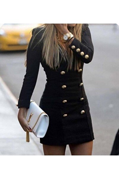 Genel Markalar Kadın Uzun Kollu V Yaka Düğme Detay Ceket Elbise