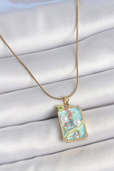 Skygo 316L Steel Gold Color Chain Blue Enamel Pearl Flower Embroidered Portrait Model Women's Necklace - Tj-Bko10191