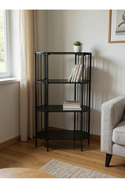 Living Modern Shelf Organizer with Four Wooden Shelves and Elegant Metal Stand