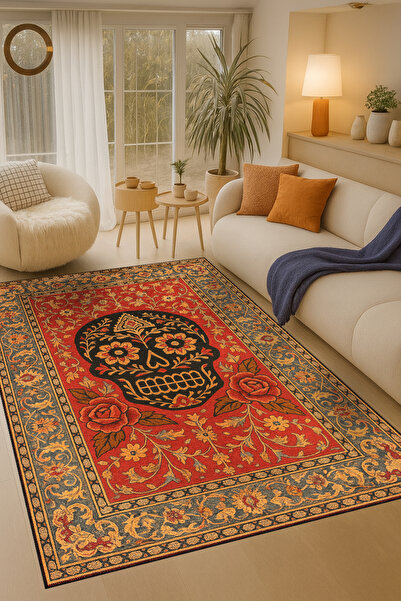 Rugs Modern Halı MOSSO Ισπανικό Θεματικό Χαλί με Σχέδιο Κρανίου, Υφαντό, Vint...