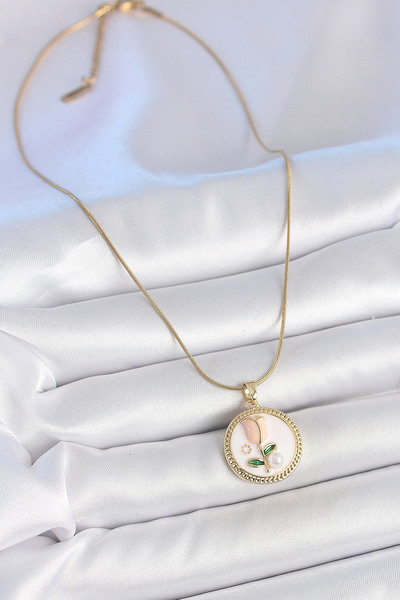 Skygo 316L Steel Gold Color White Enamel Pearl Flower Embroidered Portrait Model Women's Necklace - Tj-Bko10180