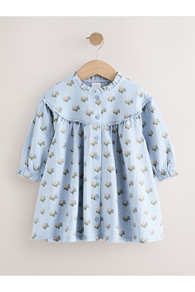 Next Baby Cotton Blue Puff Sleeve Floral Patterned Dress