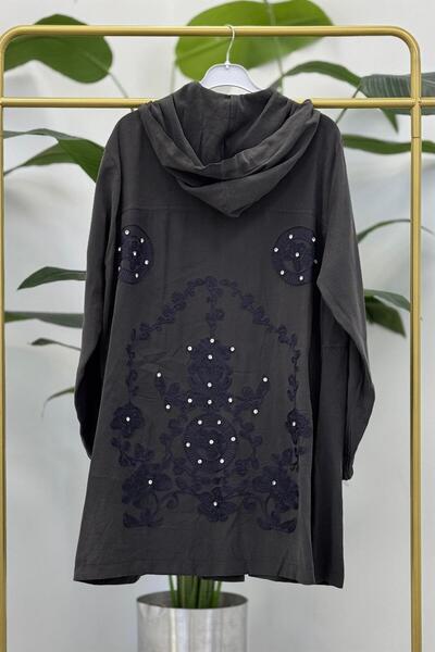 KULVAR TREND 2102 Kapşonlu Fermuarlı Arkası Taş İşlemeli Keten Kap