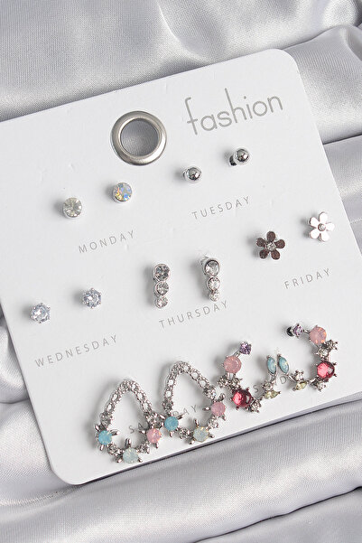 Skygo Brass Silver Color Zircon Stone Drop Model Flower Detail 7 Pairs Women Earrings Set - Tj-Bkp10549