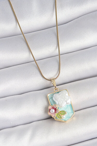 Skygo 316L Steel Gold Color Chain Blue Enamel Pearl Flower Embroidered Portrait Model Women's Necklace - Tj-Bko10187