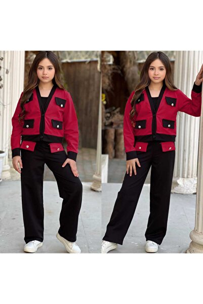 Kuzeyi Butik Girl's Wide-Leg Tracksuit and Cardigan Included Waiter Outfit Set