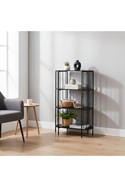 Living Modern Shelf Organizer with Four Wooden Shelves and Elegant Metal Stand