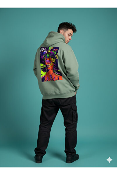 By Caspita Fashion Lenithra Psychedelic Sırt Printed Unisex Oversized Gray Hoodie