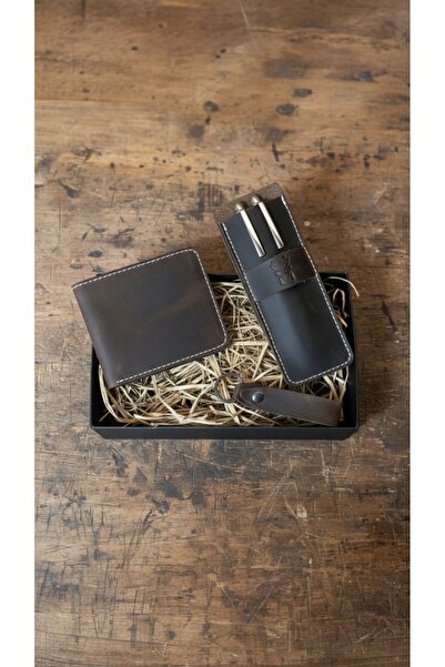 Modica Hakiki Deri 3'lü Cüzdan Seti Hediyelik Klasik Cüzdan, Kalemlik, Anahta...