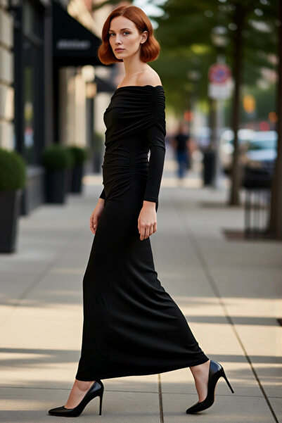 PayBuy Rochie maxi cu mânecă lungă, maro, cu guler Carmen, pentru femei, elegantă, ideală pentru petreceri de seară, de bună calitate