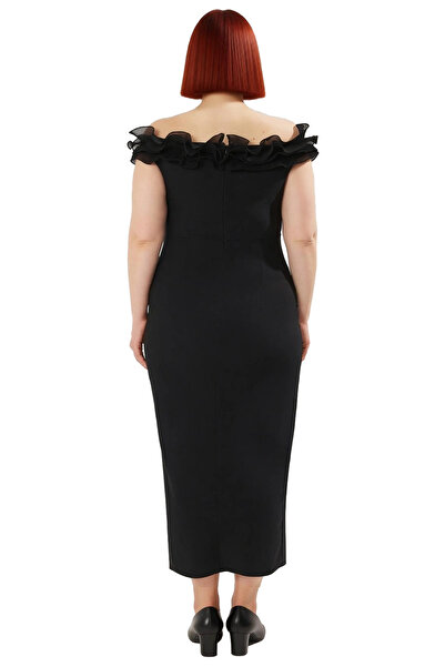 PayBuy Kadın Büyük Beden A line Kesim Düz Desen Kolsuz Fırfırlı Carmen Yaka Maxi Elbise Şık Davetler İçin