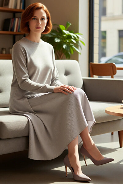 PayBuy Kadın Siyah Üst Triko Garnili Çizgili Pamuklu Midi Elbise Rahat Şık Günlük Stile Uygun Kaliteli