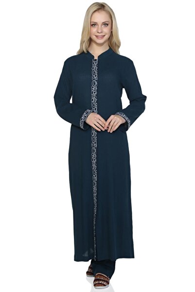 Eliş Şile Bezi Long Sleeve Sile Cloth Ruffled Collar Ringed Embroidered Transitional Long Ferace Petrol Ptrl