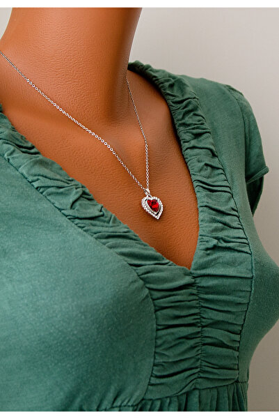 BİJUTERİ EVİ Silver Color Steel Chain Red Heart Stone Women's Necklace