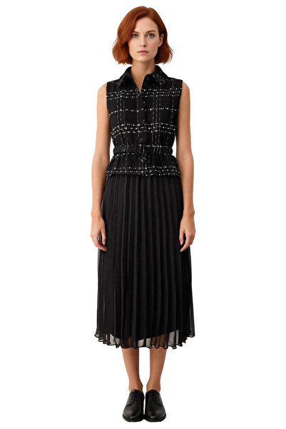 PayBuy Women's Skater Midi Dress Shirt Collar Sleeveless Tweed Woven Detailed Belted Pleated Stylish Design