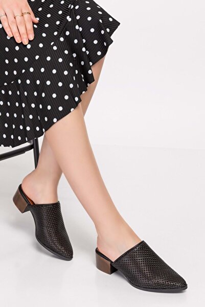 Butik Hakiki Deri Lazerli Şık Topuklu Terlik Anl.e07 - Siyah - 37