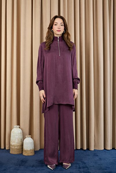 Puane Women's Zipper Detailed Suit - 14403Tkm - Damson