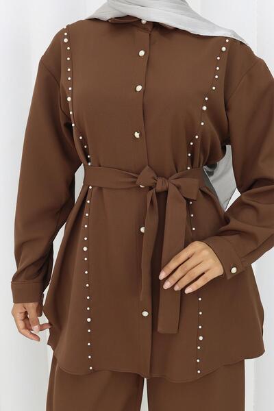 Missvalle طقم مكون من قطعتين مع حزام من اللؤلؤ باللون البني 19265