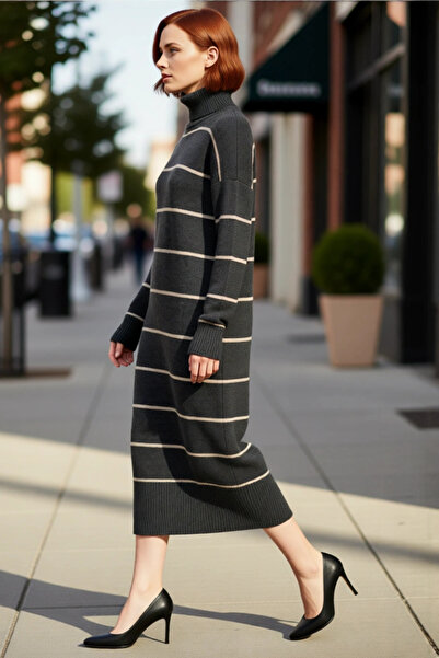 PayBuy فستان نسائي تريكو بياقة عالية وخطوط مخططة وأكمام طويلة، ضروري لفصل الشتاء، ذو جودة عالية